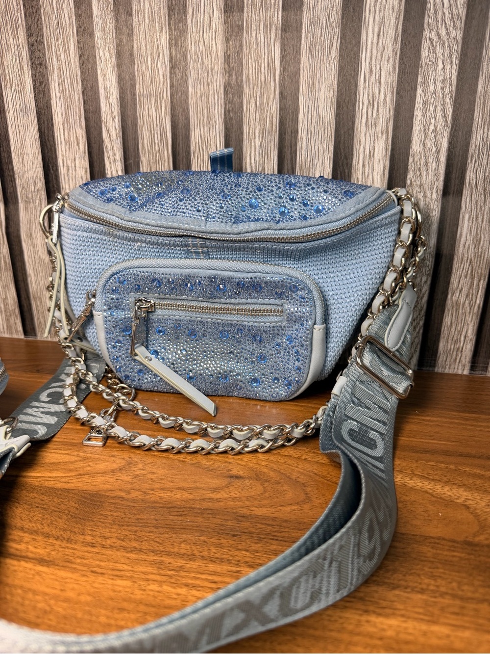 Steve Madden Light Blue Embellished Crossbody Bag with Chain Detail - Picture 3 of 16